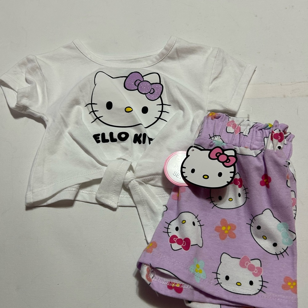 Hello Kitty White Tie-Front Top & Lavender Printed Shorts Set